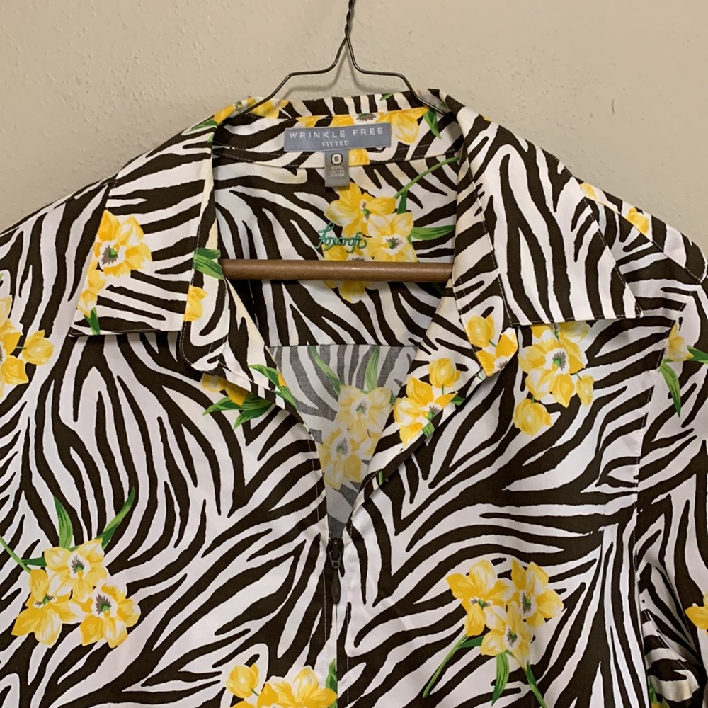 Foxcroft Wrinkle Free Fitted Brown Zebra print yellow flower blouse.